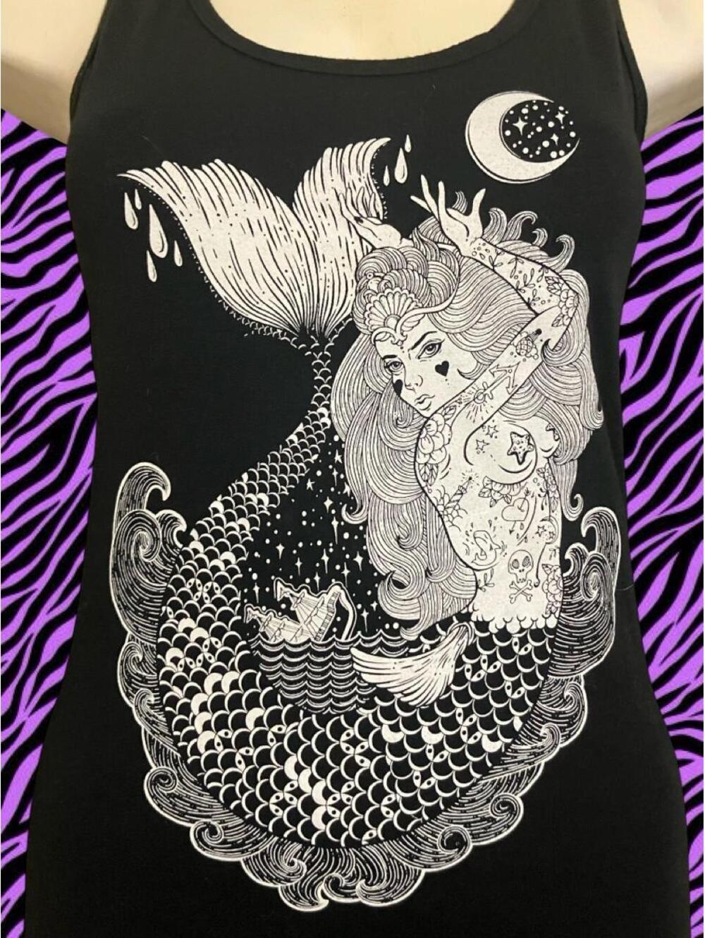 Black y2k Next Level T racerback tank top with tattooed mermaid graphic